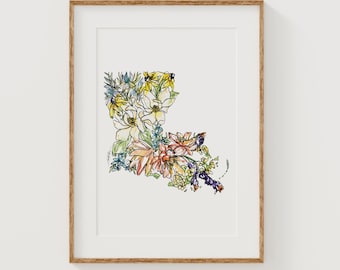 LOUISIANA Wildflowers Fine Art Print | Botanical Map | State Floral Home Decor | Canvas or Giclee Framed Wall Art