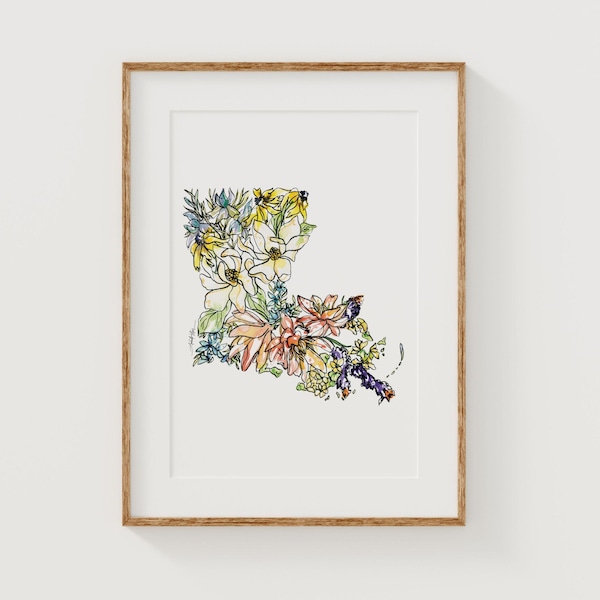 LOUISIANA Wildflowers Fine Art Print | Botanical Map | State Floral Home Decor | Canvas or Giclee Framed Wall Art