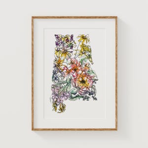 ALABAMA Wildflowers Fine Art Print | Botanical Map | State Floral Home Decor | Canvas or Giclee Framed Wall Art