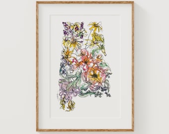 ALABAMA Wildflowers Fine Art Print | Botanical Map | State Floral Home Decor | Canvas or Giclee Framed Wall Art