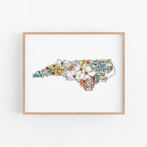 NORTH CAROLINA Flowers State Art Print Fine Art Floral Map Poster Wall Art Unique Housewarming Military Gift Christmas Gift