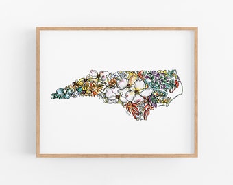 NORTH CAROLINA Wildflowers State Art Print Fine Art Floral Map Poster Wall Art Unique Housewarming Military Gift Christmas Gift