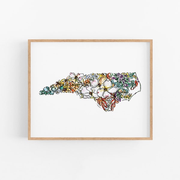 NORTH CAROLINA Flowers State Art Print Fine Art Floral Map Poster Wall Art Unique Housewarming Military Gift Christmas Gift