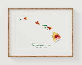 HAWAII Hibiscus State Flower Fine Art Print | Botanical Map | State Floral Home Decor | Canvas or Giclee Framed Wall Art