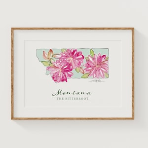 MONTANA Bitterroot State Flower Fine Art Print | Botanical Map | State Floral Home Decor | Canvas or Giclee Framed Wall Art