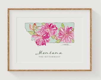 MONTANA Bitterroot State Flower Fine Art Print | Botanical Map | State Floral Home Decor | Canvas or Giclee Framed Wall Art