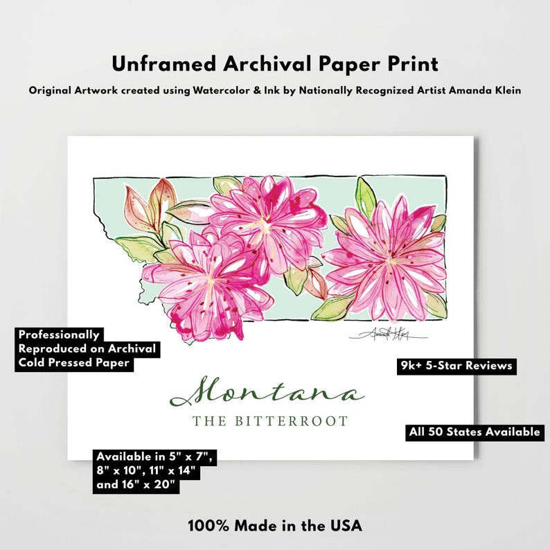 MONTANA Bitterroot State Flower Fine Art Print | Botanical Map | State ...