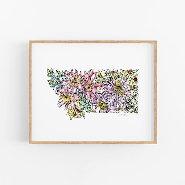 MONTANA Flowers State Art Print Fine Art Floral Map Poster Wall Art Unique Housewarming Military Gift Christmas Gift
