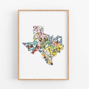 TEXAS Flowers State Art Print Fine Art Floral Map Poster Wall Art Unique Housewarming Military Gift Christmas Gift