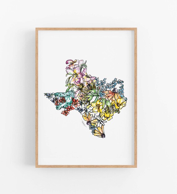 TEXAS Flowers State Art Print Fine Art Floral Map Poster Wall - Etsy
