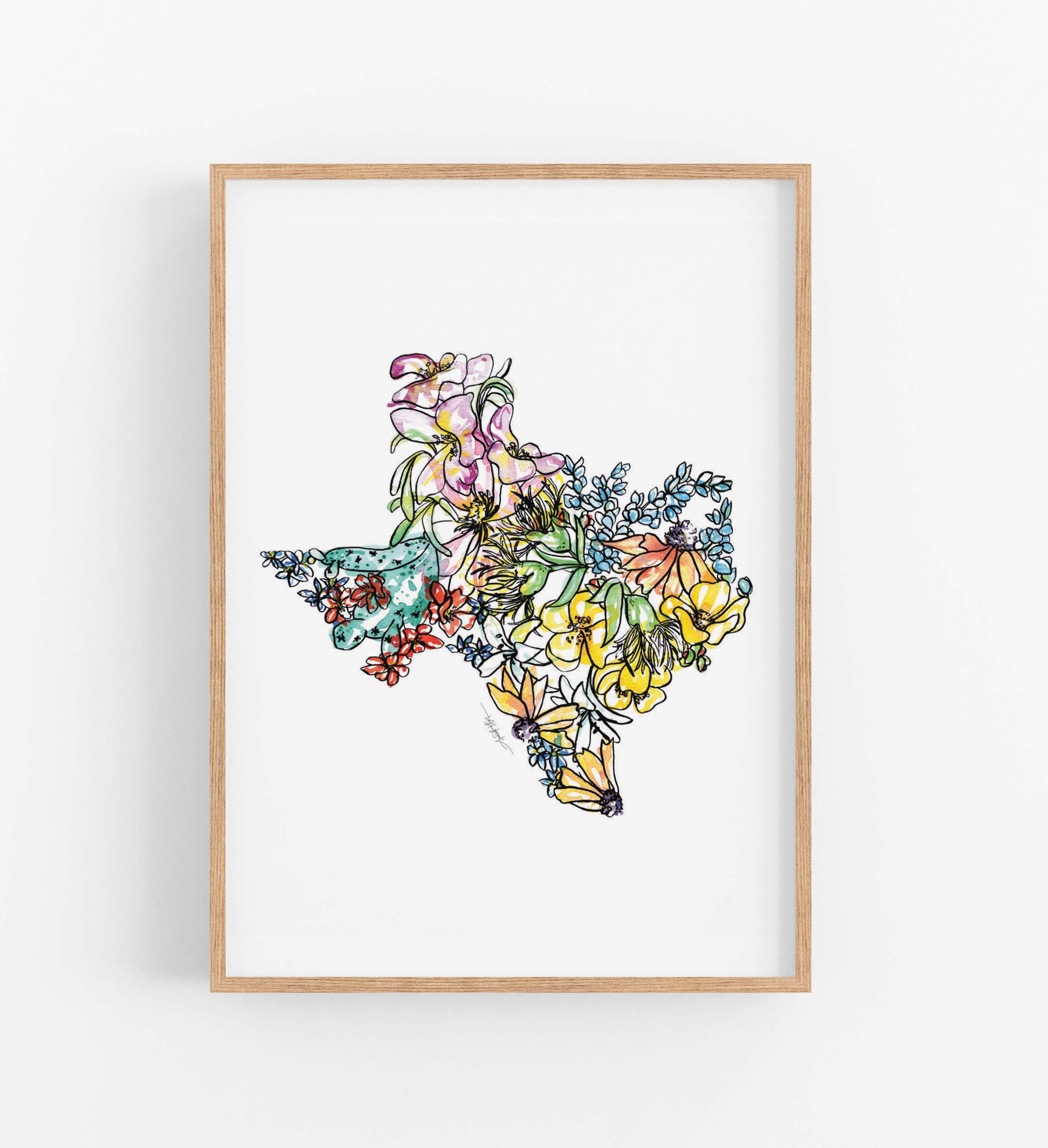 TEXAS Wildflowers State Art Print Fine Art Floral Map Poster Wall Art Unique Housewarming Military Gift Christmas Gift