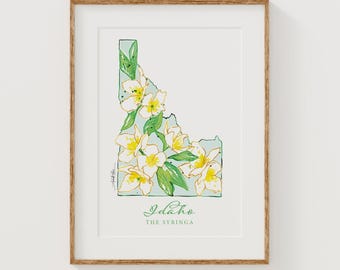 IDAHO Syringa State Flower Fine Art Print | Botanical Map | State Floral Home Decor | Canvas or Giclee Framed Wall Art