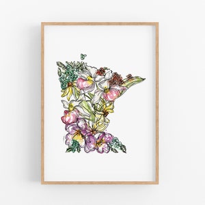 Minnesota Flowers State Art Print Fine Art Floral Map Poster Wall Art Unique Housewarming Military Gift Christmas Gift