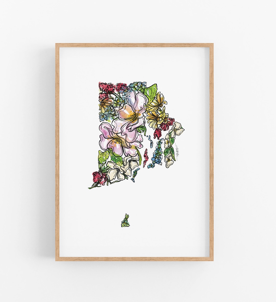 RHODE ISLAND Flowers State Art Print Fine Art Floral Map Poster Wall