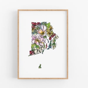 RHODE ISLAND Flowers State Art Print Fine Art Floral Map Poster Wall Art Unique Housewarming Military Gift Christmas Gift