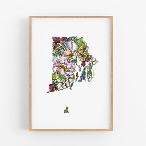 RHODE ISLAND Wildflowers State Art Print Fine Art Floral Map Poster Wall Art Unique Housewarming Military Gift Christmas Gift