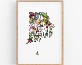 RHODE ISLAND Flowers State Art Print Fine Art Floral Map Poster Wall Art Unique Housewarming Military Gift Christmas Gift