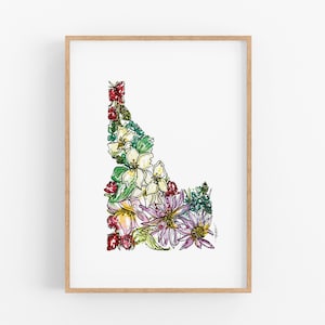 IDAHO Flowers State Art Print Fine Art Floral Map Poster Wall Art Unique Housewarming Military Gift Christmas Gift