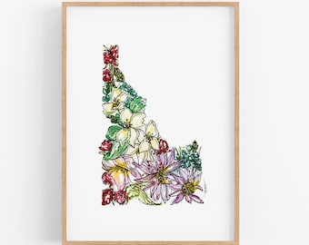 IDAHO Flowers State Art Print Fine Art Floral Map Poster Wall Art Unique Housewarming Military Gift Christmas Gift