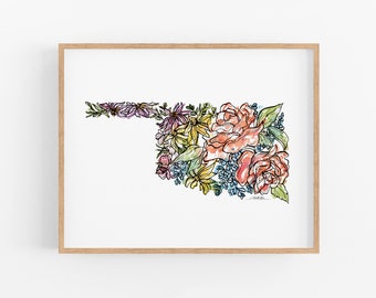 OKLAHOMA Flowers State Art Print Fine Art Floral Map Poster Wall Art Unique Housewarming Military Gift Christmas Gift