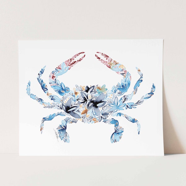 Blue Crab Fine Art Print watercolor coastal decor Christmas gift beach