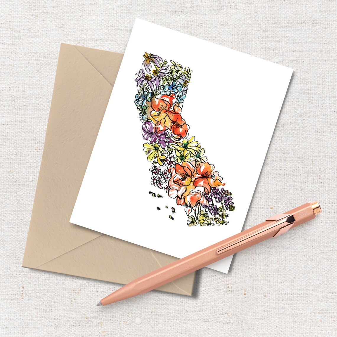 CALIFORNIA Cards CA art featuring local state flowers Etsy