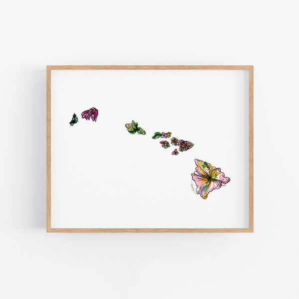 HAWAII Flowers State Art Print Fine Art Floral Map Poster Wall Art Unique Housewarming Military Gift Christmas Gift