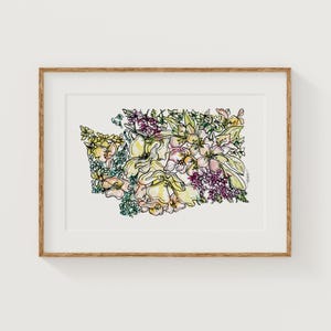 Lámina artística de flores silvestres de Washington / Mapa botánico / Decoración floral estatal para el hogar / Lienzo o impresión giclée para pared