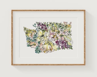 WASHINGTON Wildflowers Fine Art Print | Botanical Map | State Floral Home Decor | Canvas or Giclee Framed Wall Art