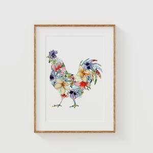 CHICKEN Fine Art Print | Floral Home Decor | Canvas or Giclee Framed Wall Art
