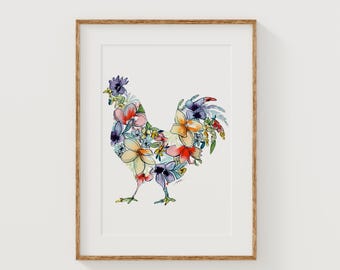 CHICKEN Fine Art Print | Floral Home Decor | Canvas or Giclee Framed Wall Art
