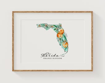 FLORIDA Orange Blossom State Flower Fine Art Print | Botanical Map | State Floral Home Decor | Canvas or Giclee Framed Wall Art
