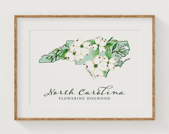 NORTH CAROLINA Flowering Dogwood State Flower Fine Art Print | Botanical Map | State Floral Home Decor | Canvas or Giclee Framed Wall Art