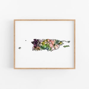 PUERTO RICO Flowers State Art Print Fine Art Floral Map Poster Wall Art Unique Housewarming Military Gift Christmas Gift