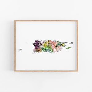 PUERTO RICO Wildflowers Print Fine Art Floral Map Poster Wall Art Unique Housewarming Military Gift Christmas Gift