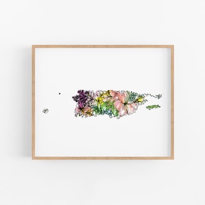 PUERTO RICO Flowers State Art Print Fine Art Floral Map Poster Wall Art Unique Housewarming Military Gift Christmas Gift