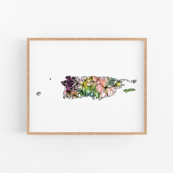 PUERTO RICO Flowers State Art Print Fine Art Floral Map Poster Wall Art Unique Housewarming Military Gift Christmas Gift