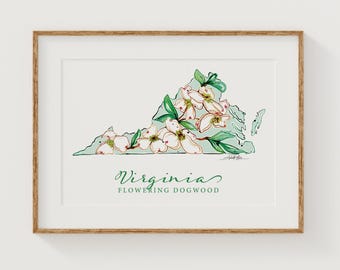 VIRGINIA Flowering Dogwood State Flower Fine Art Print | Botanical Map | State Floral Home Decor | Canvas or Giclee Framed Wall Art