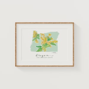 OREGON Grape State Flower Art Print Fine Art Floral Map Poster Art mural Cadeau de Noël militaire unique de pendaison de crémaillère