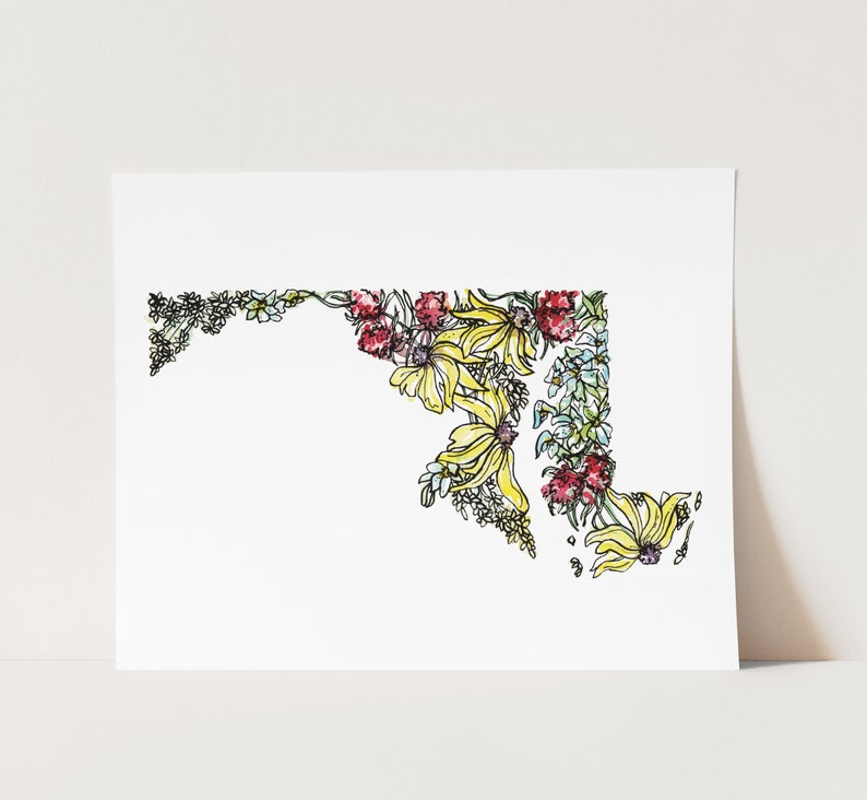 MARYLAND Flowers State Art Print Fine Art Floral Map Poster Etsy