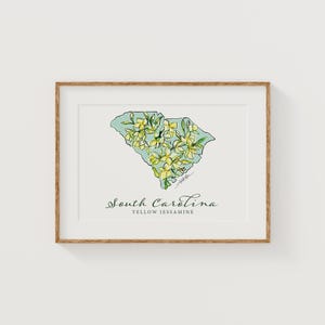 CAROLINE DU SUD Jessamine jaune State Flower Art Print Fine Art Floral Map Poster Wall Art Unique pendaison de crémaillère cadeau de Noël militaire