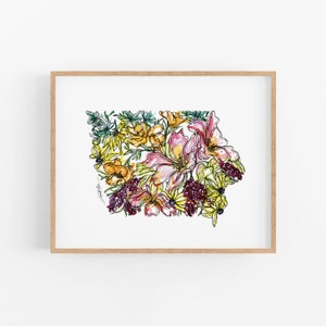 IOWA Wildflowers State Art Print Fine Art Floral Map Poster Wall Art Unique Housewarming Military Gift Christmas Gift