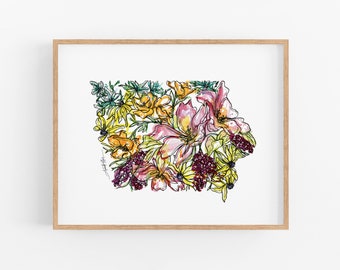 IOWA Flowers State Art Print Fine Art Floral Map Poster Wall Art Unique Housewarming Military Gift Christmas Gift