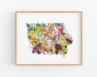 IOWA Flowers State Art Print Fine Art Floral Map Poster Wall Art Unique Housewarming Military Gift Christmas Gift