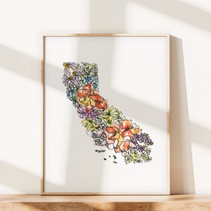 CALIFORNIA Flowers State Art Print Fine Art Floral Map Poster Wall Art Unique Housewarming Military California Christmas Gift image 5