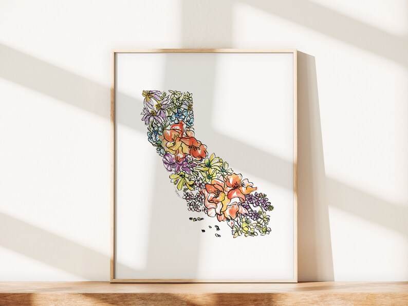 CALIFORNIA Flowers State Art Print Fine Art Floral Map Poster Wall Art Unique Housewarming Military California Christmas Gift image 5