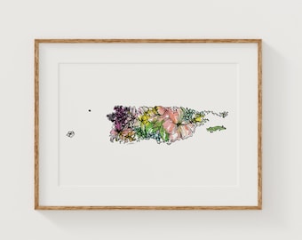 PUERTO RICO Wildflowers Fine Art Print | Botanical Map | U.S. Territories Floral Home Decor | Canvas or Giclee Framed Wall Art