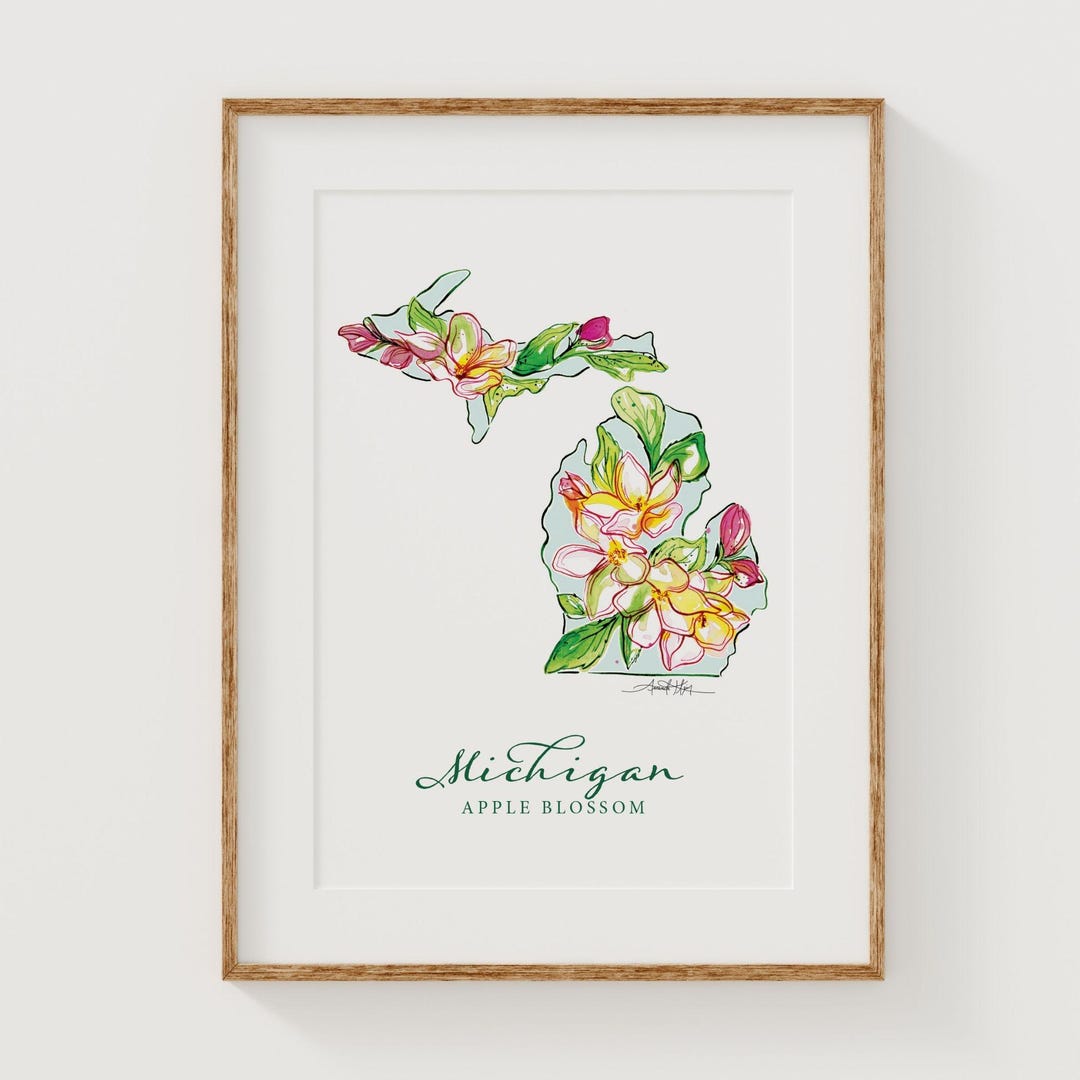 MICHIGAN Apple Blossom State Flower Fine Art Print | Botanical Map ...