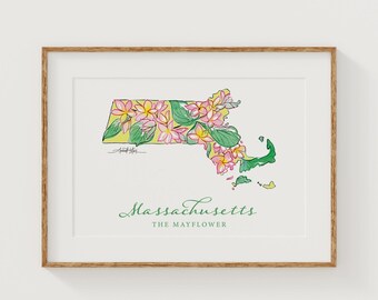 MASSACHUSETTS Mayflower State Flower Fine Art Print | Botanical Map | State Floral Home Decor | Canvas or Giclee Framed Wall Art