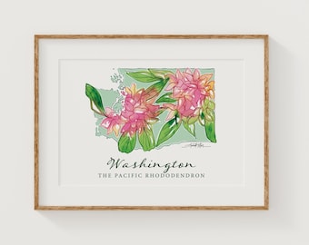 WASHINGTON Pacific Rhododendron State Flower Fine Art Print | Botanical Map | State Floral Home Decor | Canvas or Giclee Framed Wall Art